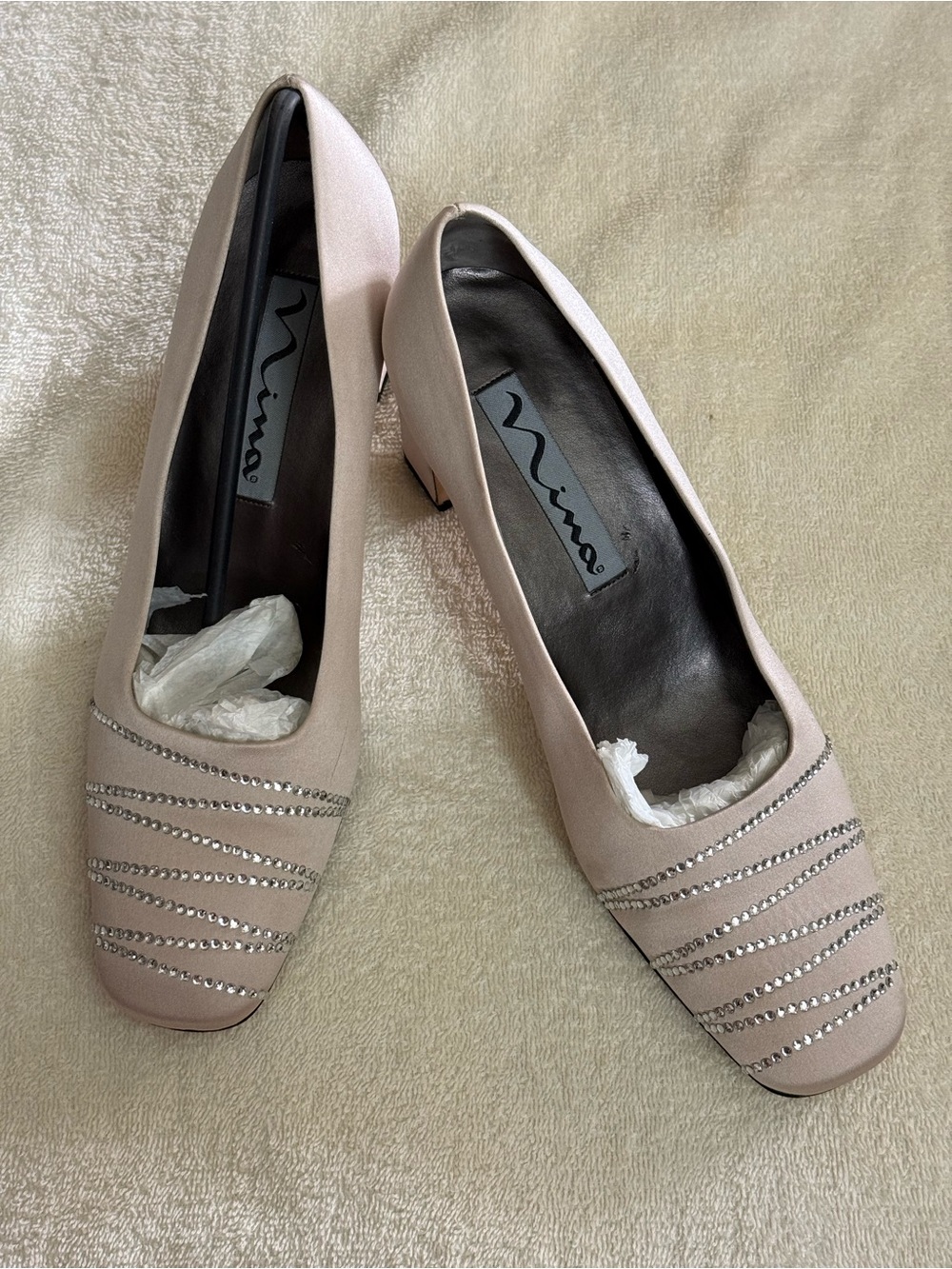 Nina Buff Rhinestone-Striped Low Block Heel Pumps